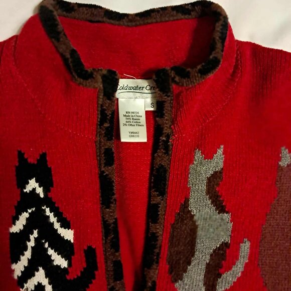 WOMENS COLDWATER CREEK RED LEOPARD TRIM CAT SWEATER CARDIGAN SMALL - Picture 4 of 5